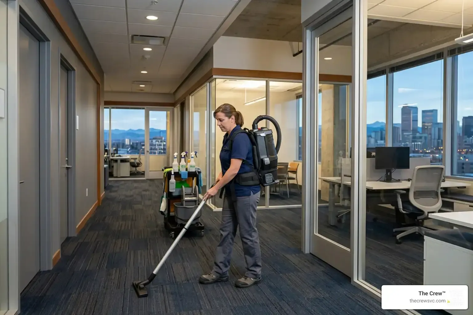 Janitor using an ergonomic backpack vacuum in a modern Denver office building