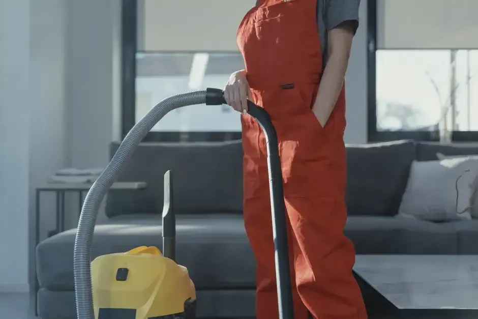 Professional cleaner using a vacuum cleaner to clean a living room carpet as part of routine residential cleaning services.