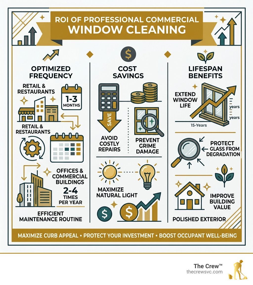 Commercial window cleaning ROI infographic with cost savings and window lifespan benefits.