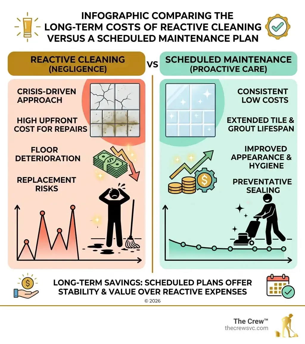 Infographic comparing reactive cleaning costs versus scheduled tile and grout maintenance plans.