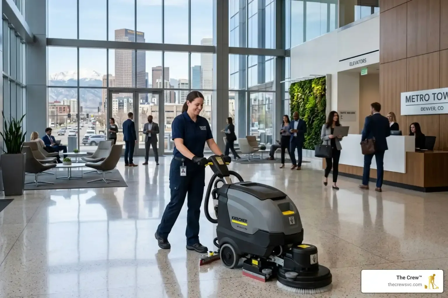 A professional cleaner using advanced equipment to maintain a high-traffic Denver lobby - reliable janitorial denver business