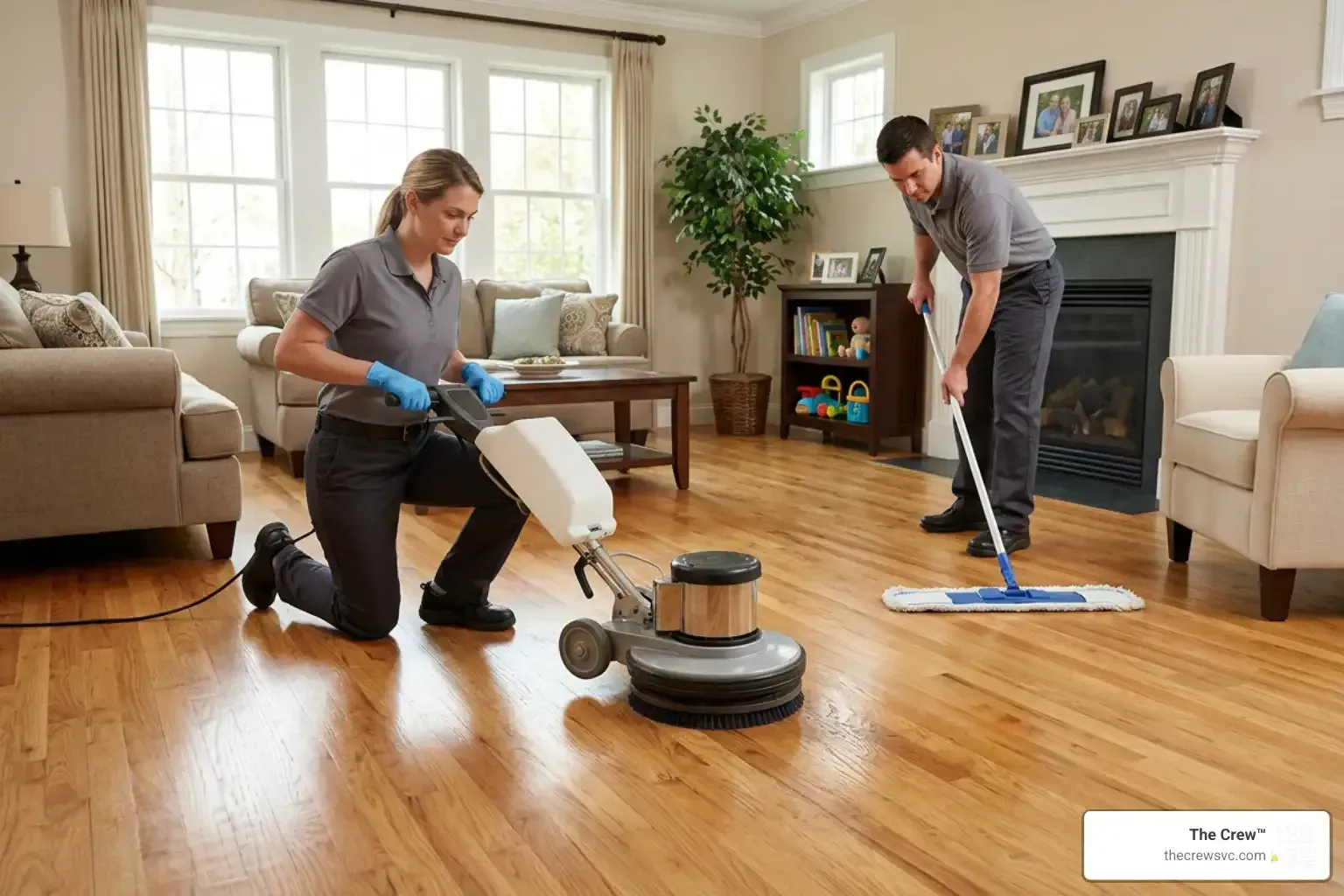 Clean entryway floors in a commercial building following professional hardwood floor cleaning