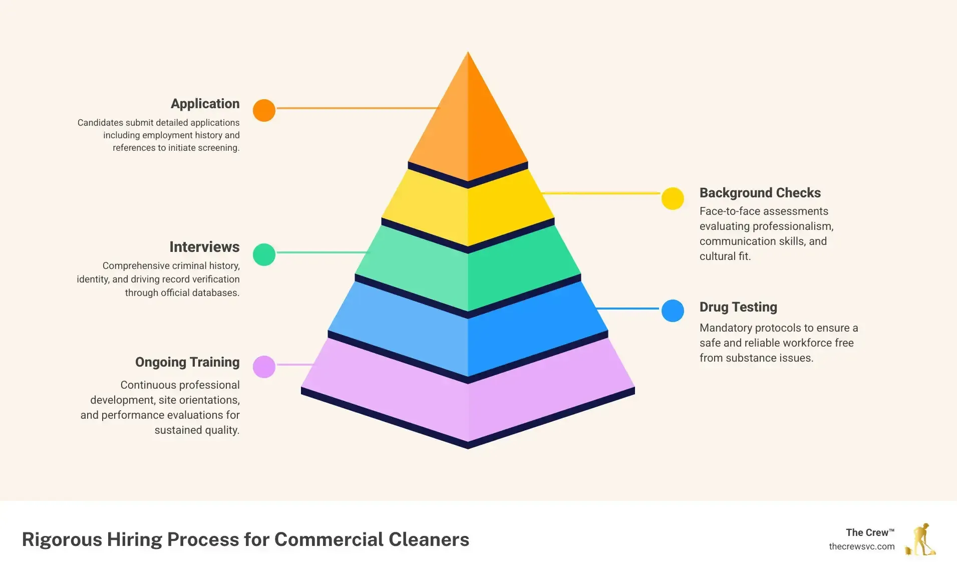 Infographic illustrating the rigorous hiring process for commercial cleaners, including application, interviews, background checks, drug testing, and ongoing training.