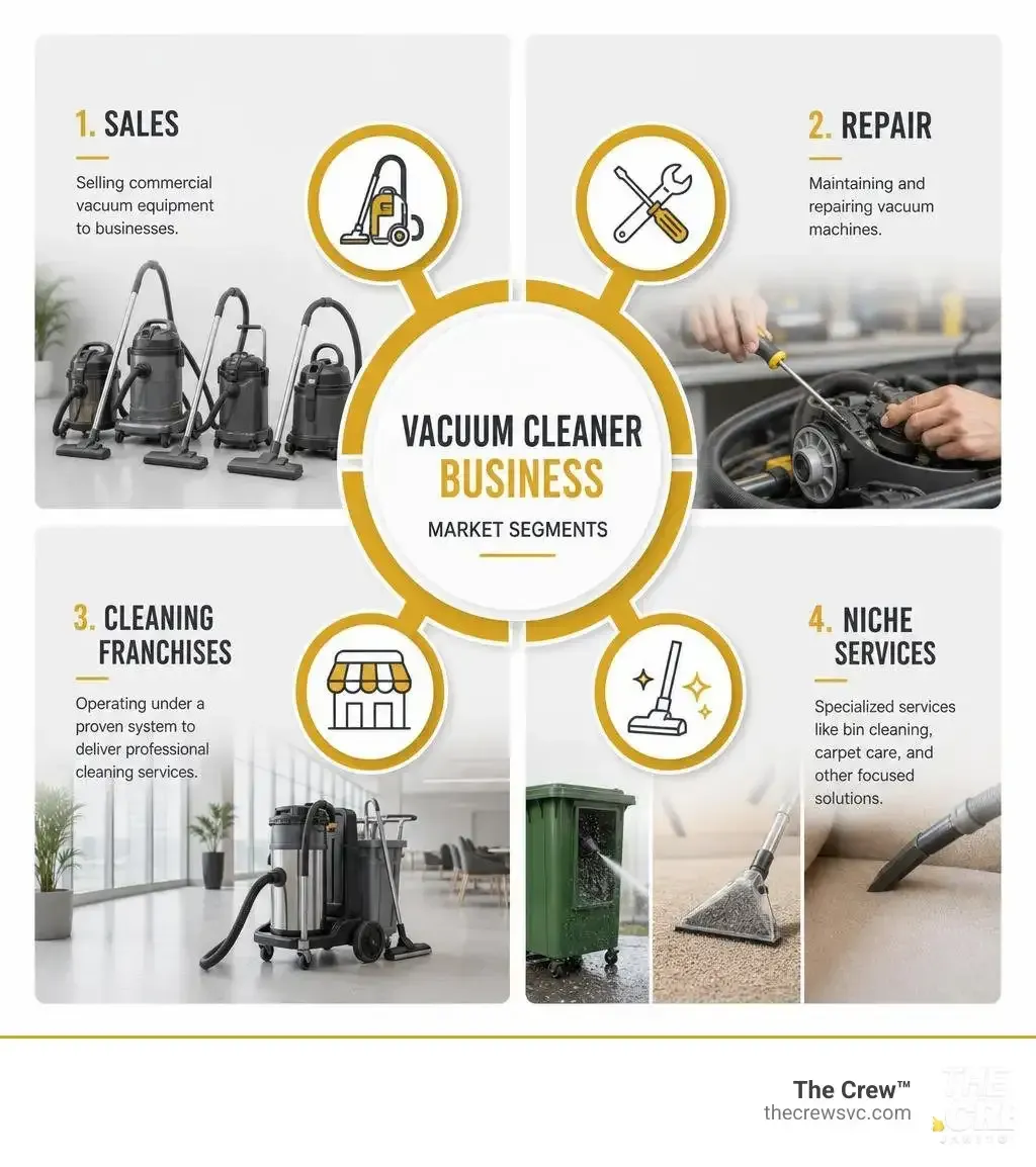 Vacuum cleaner business market segments: sales, repair, cleaning franchises, and niche services infographic