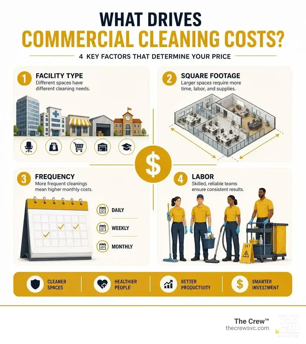 Infographic showing commercial cleaning cost factors including facility type, square footage, frequency, and labor