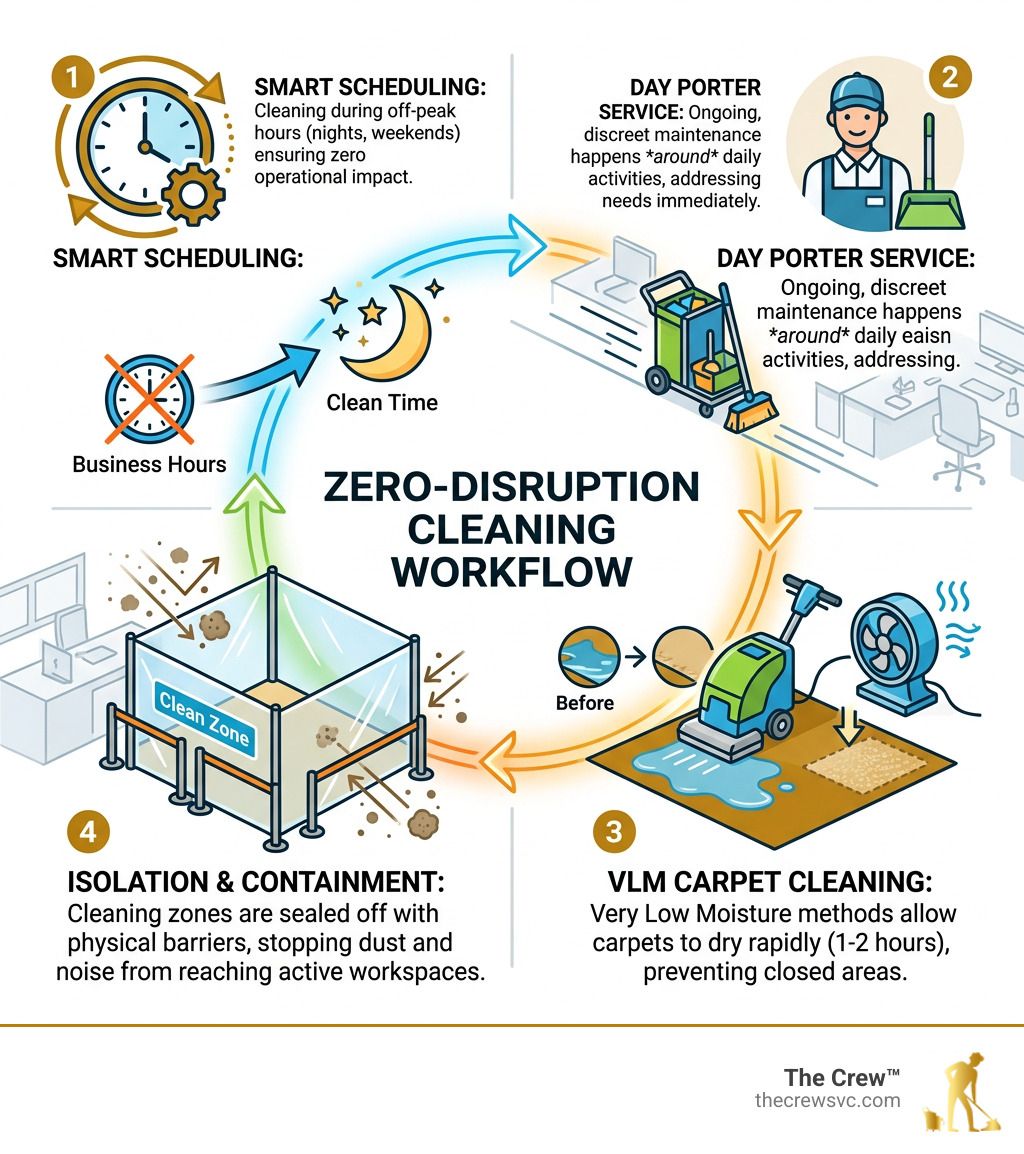 Zero-disruption commercial cleaning workflow infographic