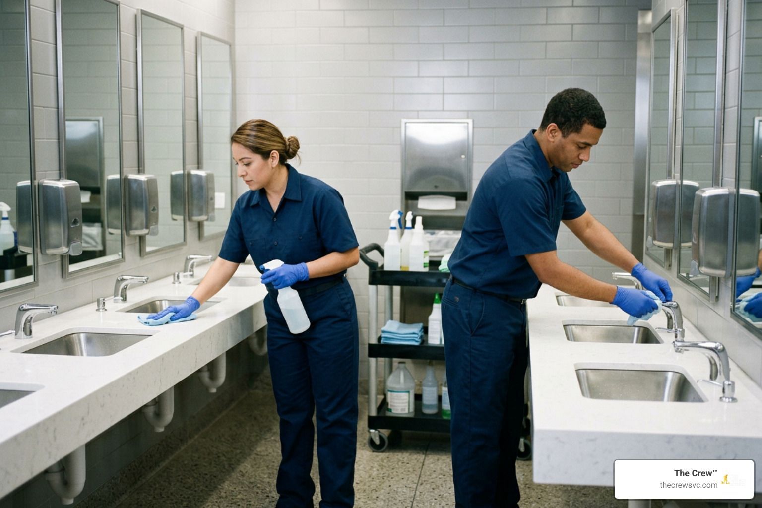 Commercial janitorial team sanitizing facility restrooms and high-touch surfaces
