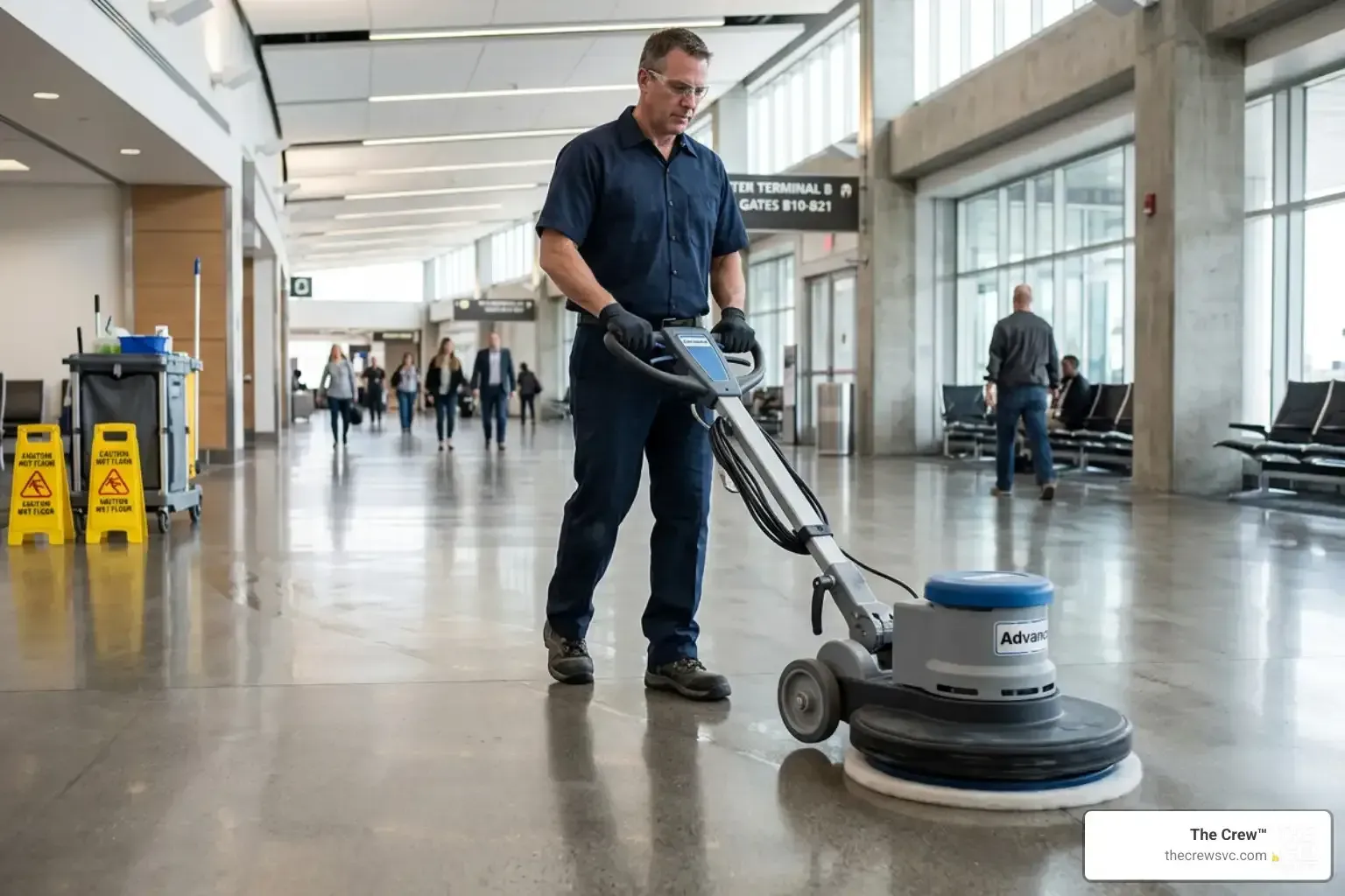 Commercial floor buffing machine in action