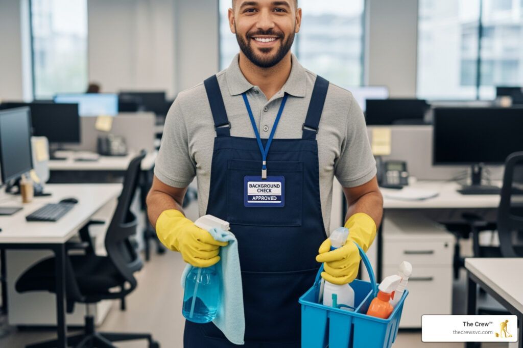 Custodian in navy apron holding cleaning spray and supplies in an office workspace