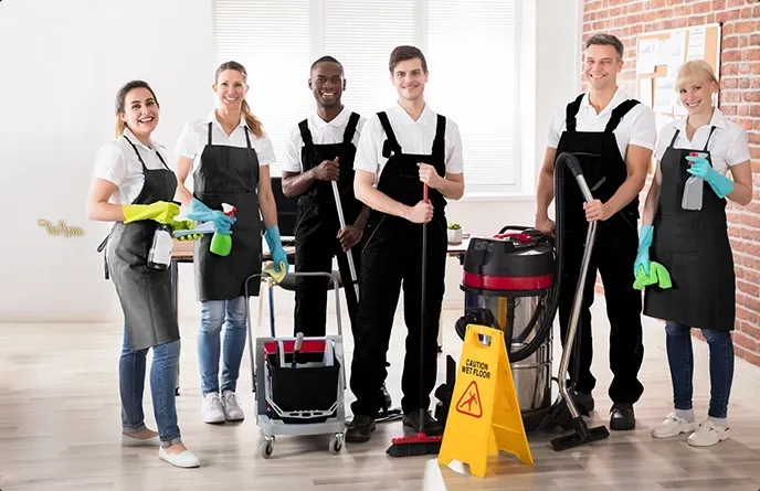 Janitorial staff in aprons hold cleaning supplies beside mop buckets in a bright office space