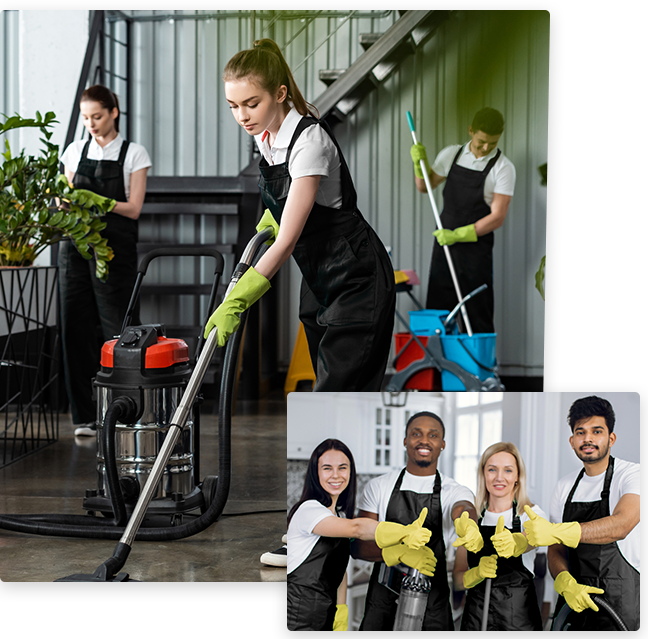 Cleaning staff in black uniforms vacuuming and mopping a hallway, with a smiling team holding yellow cloths in inset