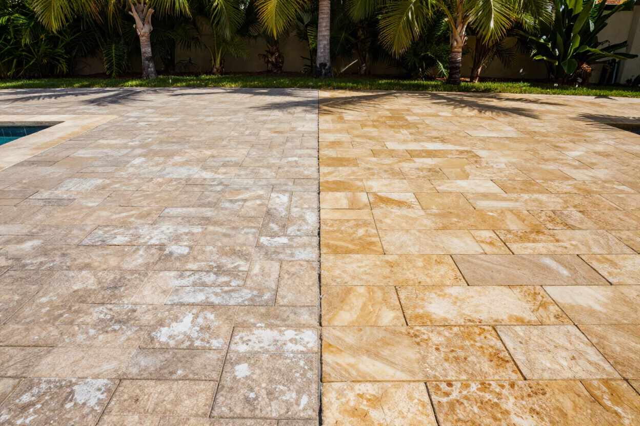 Pool deck paver cleaning and sealing before and after result pressure washing Brooksville FL