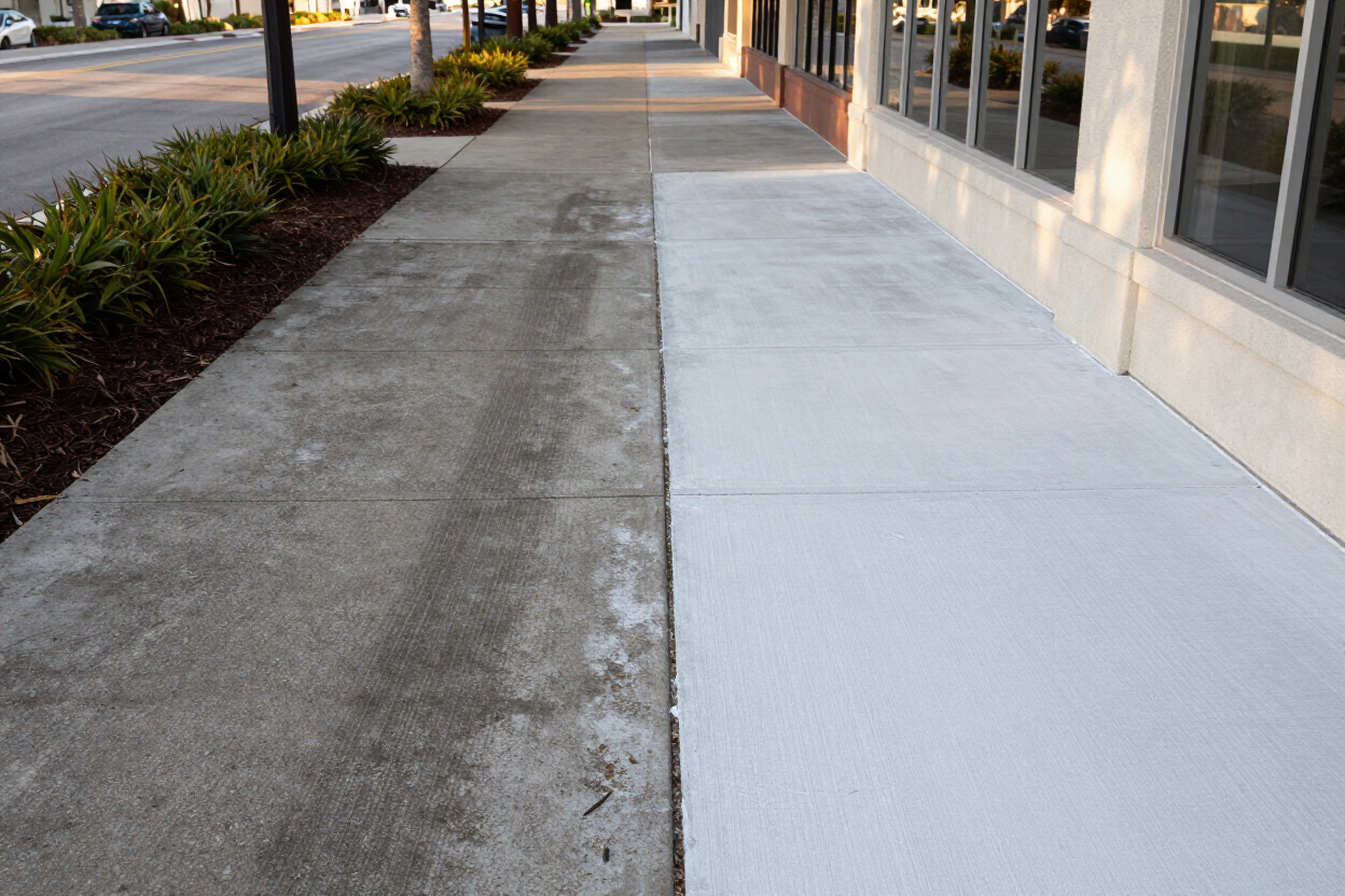 Commercial sidewalk pressure washing before and after result driveway pressure washing Brooksville FL