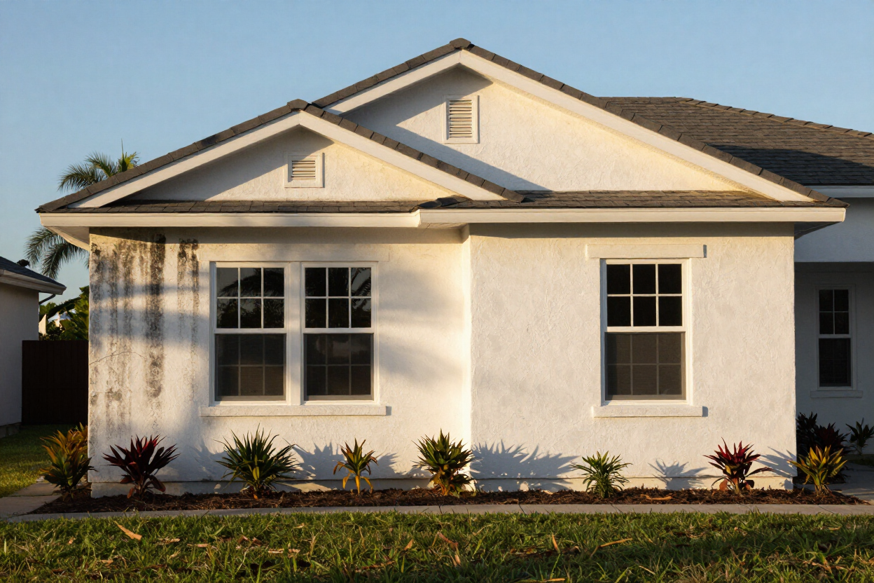 House exterior soft wash before and after mold removal on stucco pressure washing Brooksville FL
