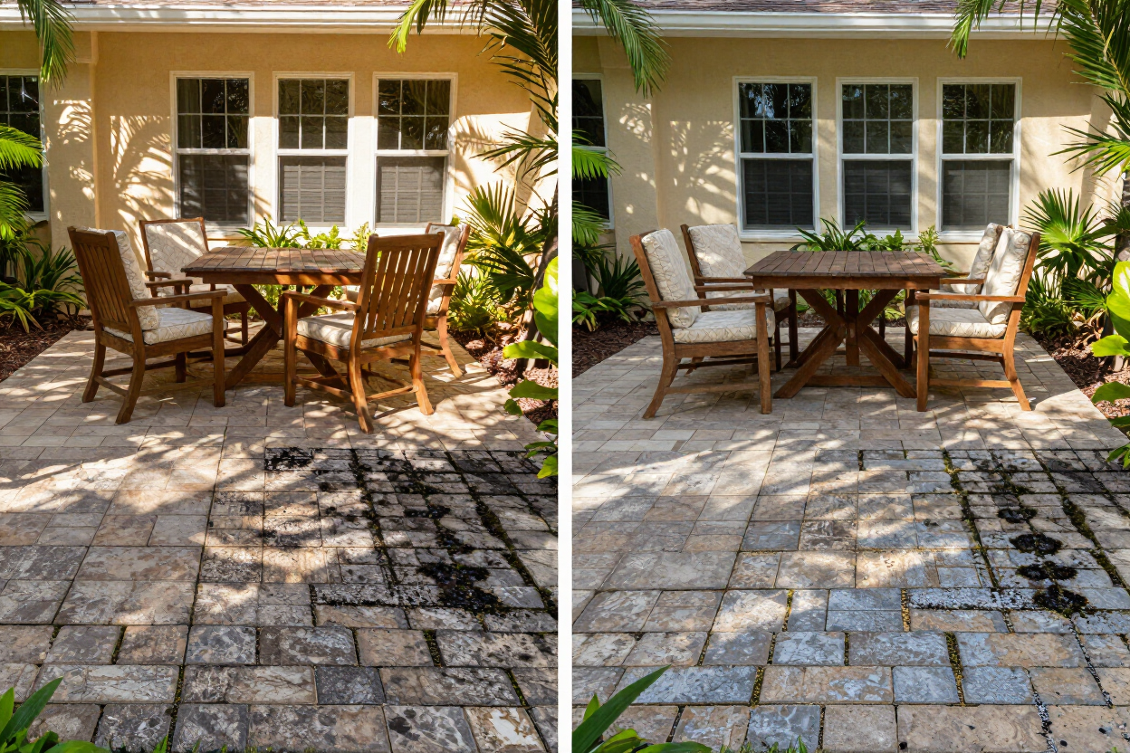 Paver patio cleaning sealing before and after algae removal pressure washing Brooksville FL