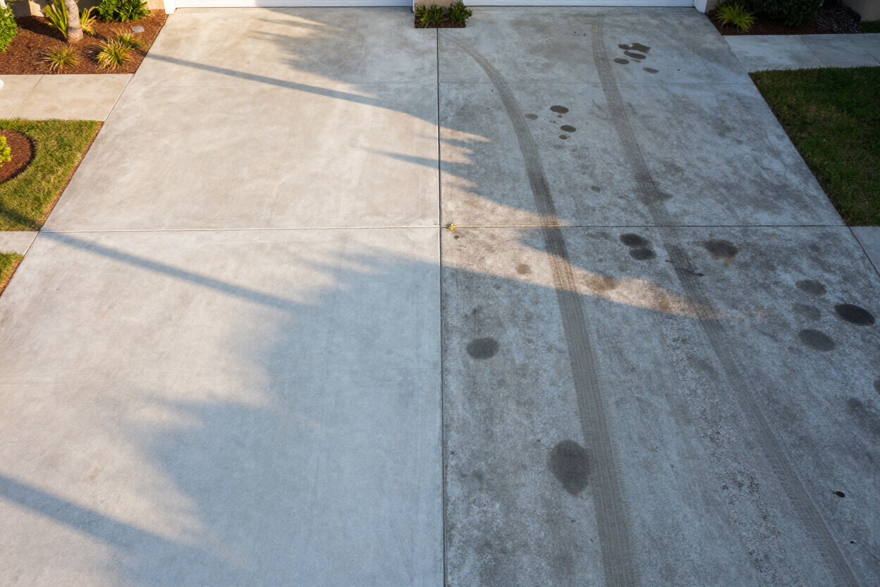 Residential driveway pressure washing before and after oil stain removal Brooksville FL