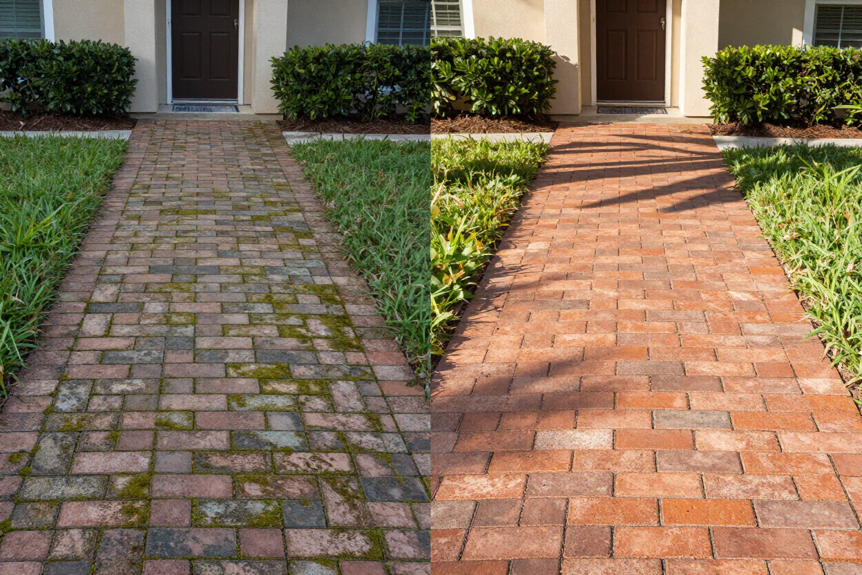 Brick paver path cleaning and sealing before and after result paver cleaning Brooksville FL