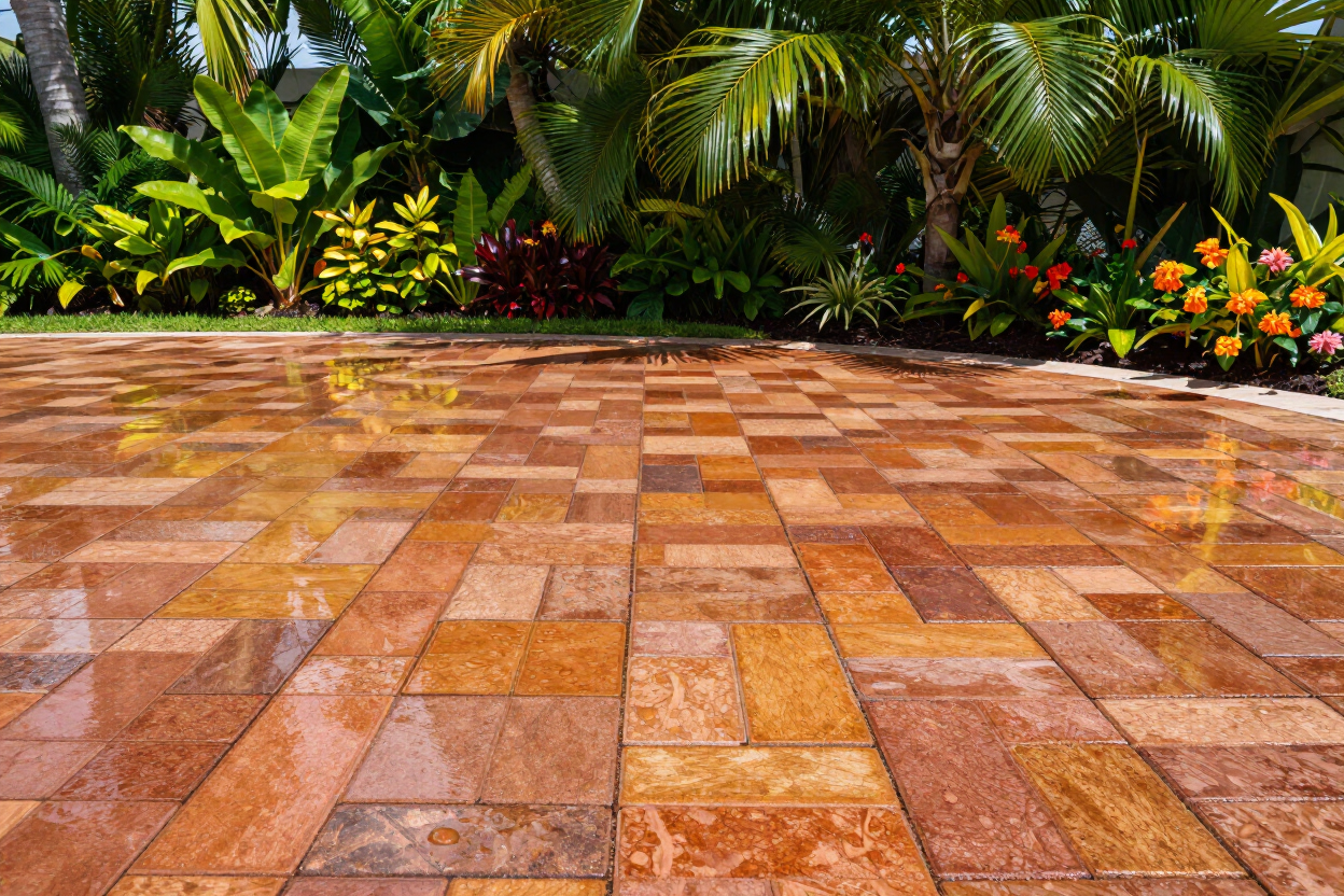 Wet terracotta-tiled patio with lush tropical plants along the edge