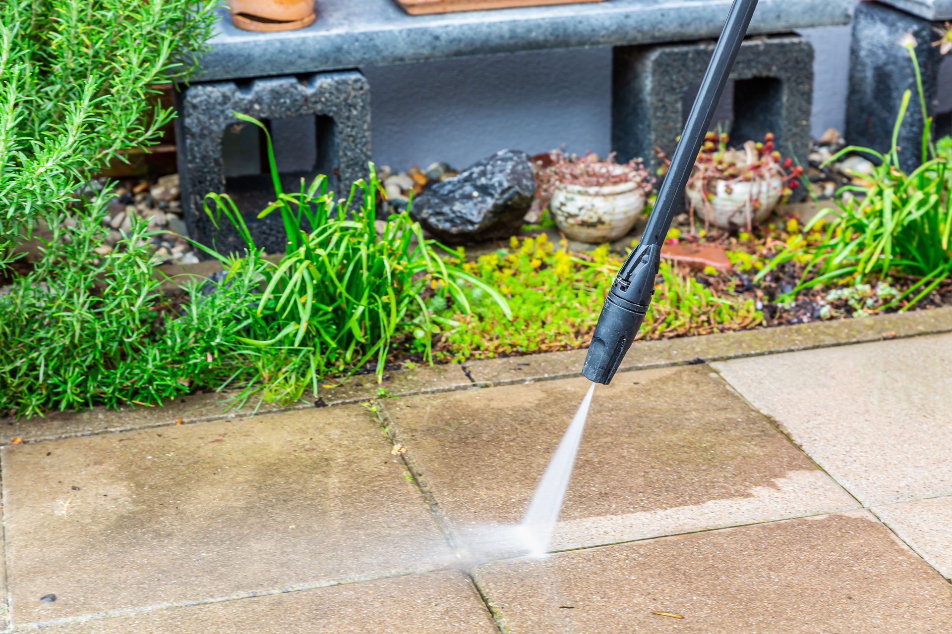 Pressure washer spraying water on a wet concrete patio beside green plants and a planter.