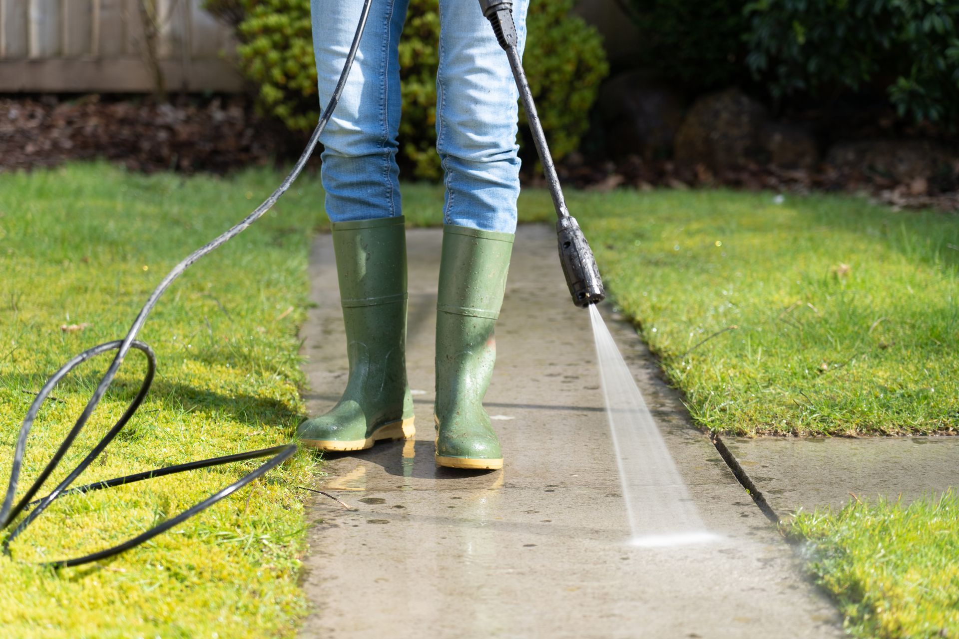 Person pressure-washes a sidewalk beside a grassy yard with a green hose. Person pressure-washes a sidewalk beside a grassy yard with a green hose.