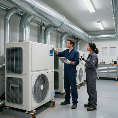 Two technicians inspecting a large HVAC unit in a clean mechanical room with silver ducts overhead
