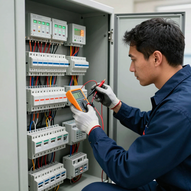 Technician testing electrical control panel with multimeter, wearing gloves in a utility cabinet