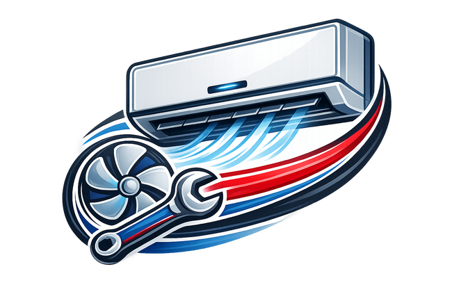 Stylized blue and red air conditioner with a fan and sweeping airflow lines