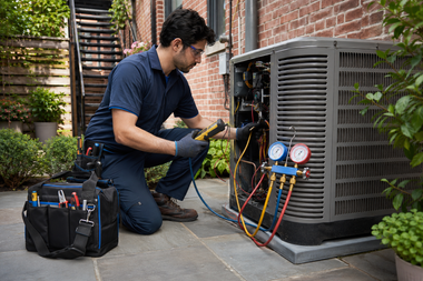 HVAC technician kneeling beside outdoor unit, checking gauges with tools on a patio.