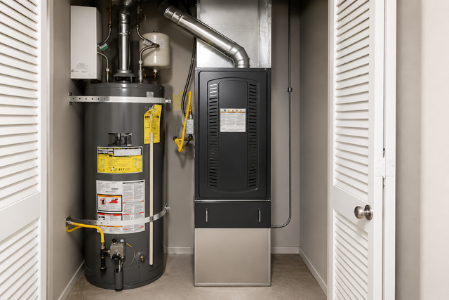 Home furnace and water heater in a small utility closet with louvered doors open.