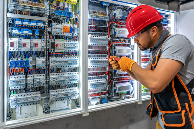 Electrician in hard hat adjusting wiring inside an open electrical control panel.