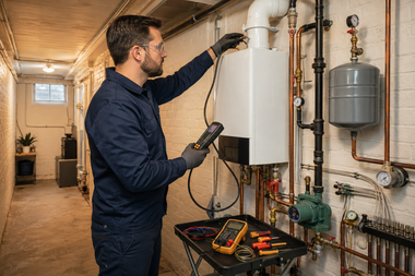 Technician inspecting wall-mounted boiler and pipes in a utility room