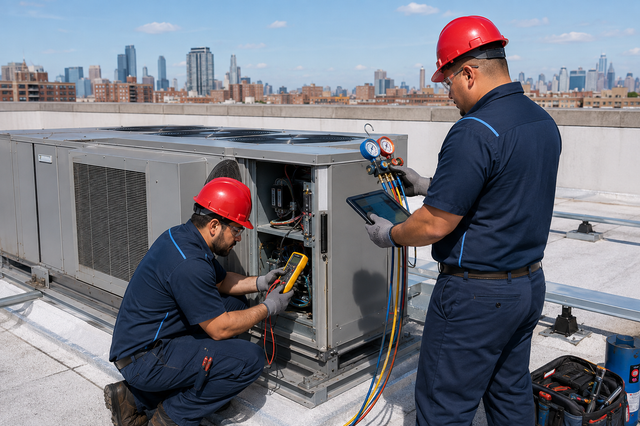 Two technicians in red hard hats inspect rooftop HVAC equipment with gauges and tools.