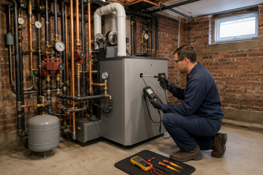 Technician inspecting a boiler and heating system in a basement utility room