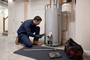 Technician kneels beside a water heater, inspecting pipes in a utility room.