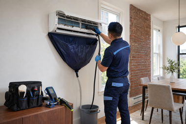 Technician cleaning a wall-mounted air conditioner with a blue vacuum hose in a living room