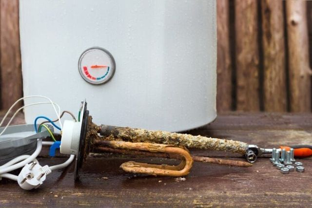 Rusted water heater with exposed wiring and tools on a wooden surface, showing damage and maintenance needs