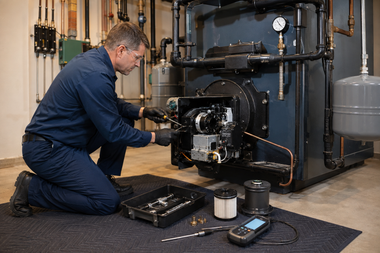 Technician kneels beside a boiler, repairing equipment with tools spread on a mat.