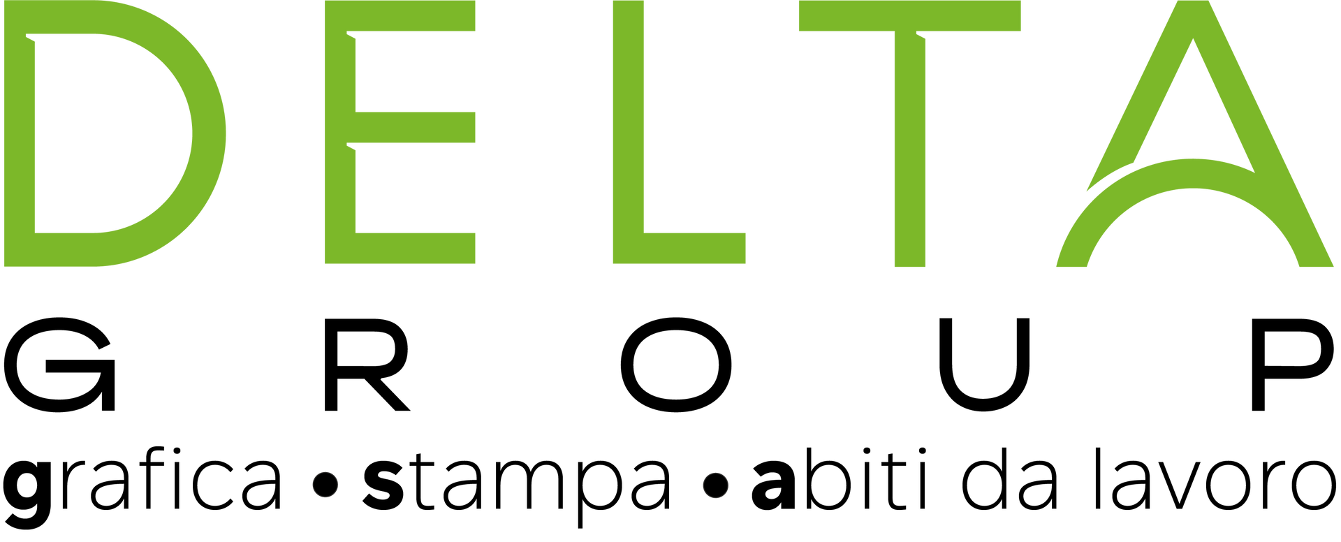 Logo for Delta Group in green and black with the tagline “grafica • stampa • abiti da lavoro”