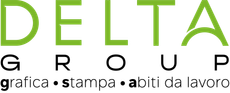 Logo for Delta Group in green and black with the tagline “grafica • stampa • abiti da lavoro”