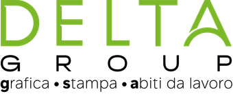 Logo for Delta Group in green and black with the tagline “grafica • stampa • abiti da lavoro”