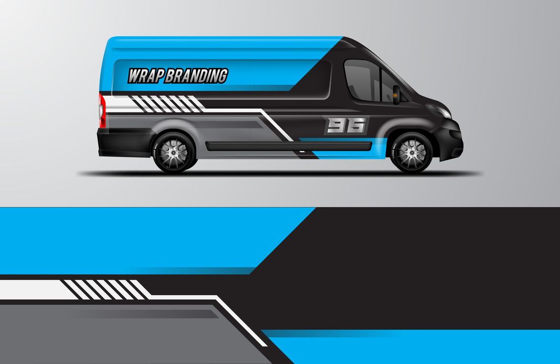 Furgone per le consegne blu e nero con il numero 36 su un elegante sfondo grafico.