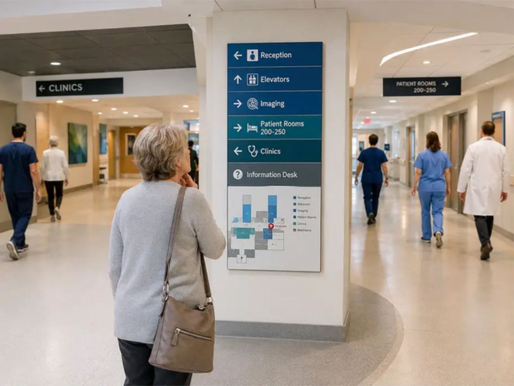 Corridoio di ospedale con persone che passano davanti a un cartello centrale con l’elenco dei reparti e agli ingressi degli ambulatori
