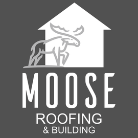 Logo for Moose Roofing & Building, black house with a grey moose outline, bold black 