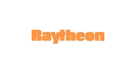 The logo for raytheon is orange on a white background.