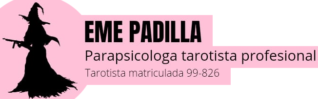 Logo rosa con silueta de bruja negra y texto “EME PADILLA”, parapsicóloga y tarotista profesional