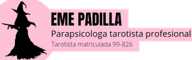 Logo rosa con silueta de bruja negra y texto “EME PADILLA”, parapsicóloga y tarotista profesional