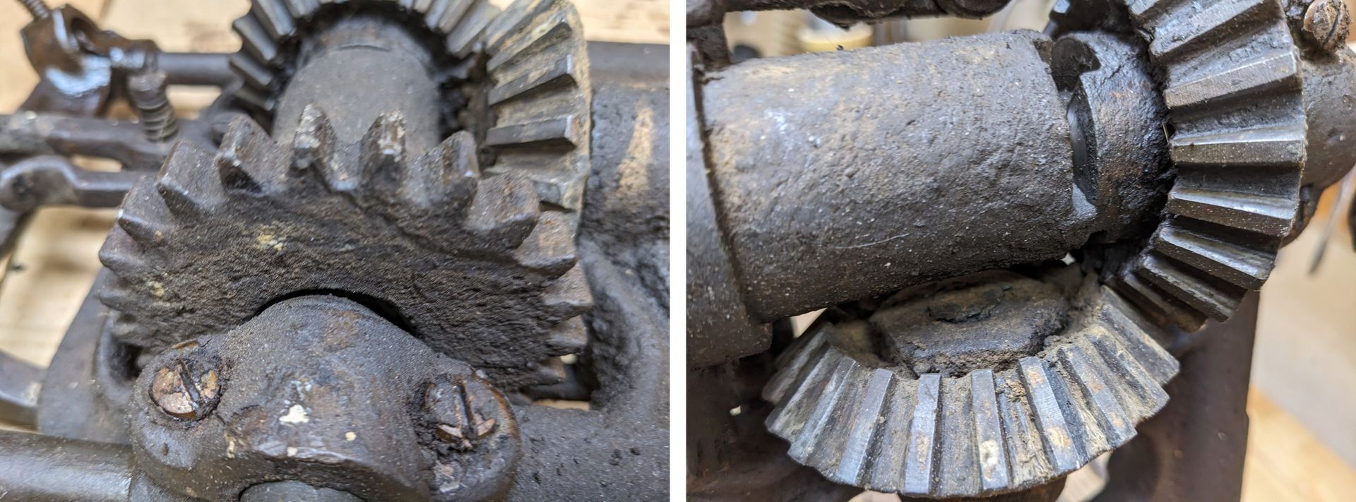 Close-up photo of the mechanics of a Millers Falls Boring Machine