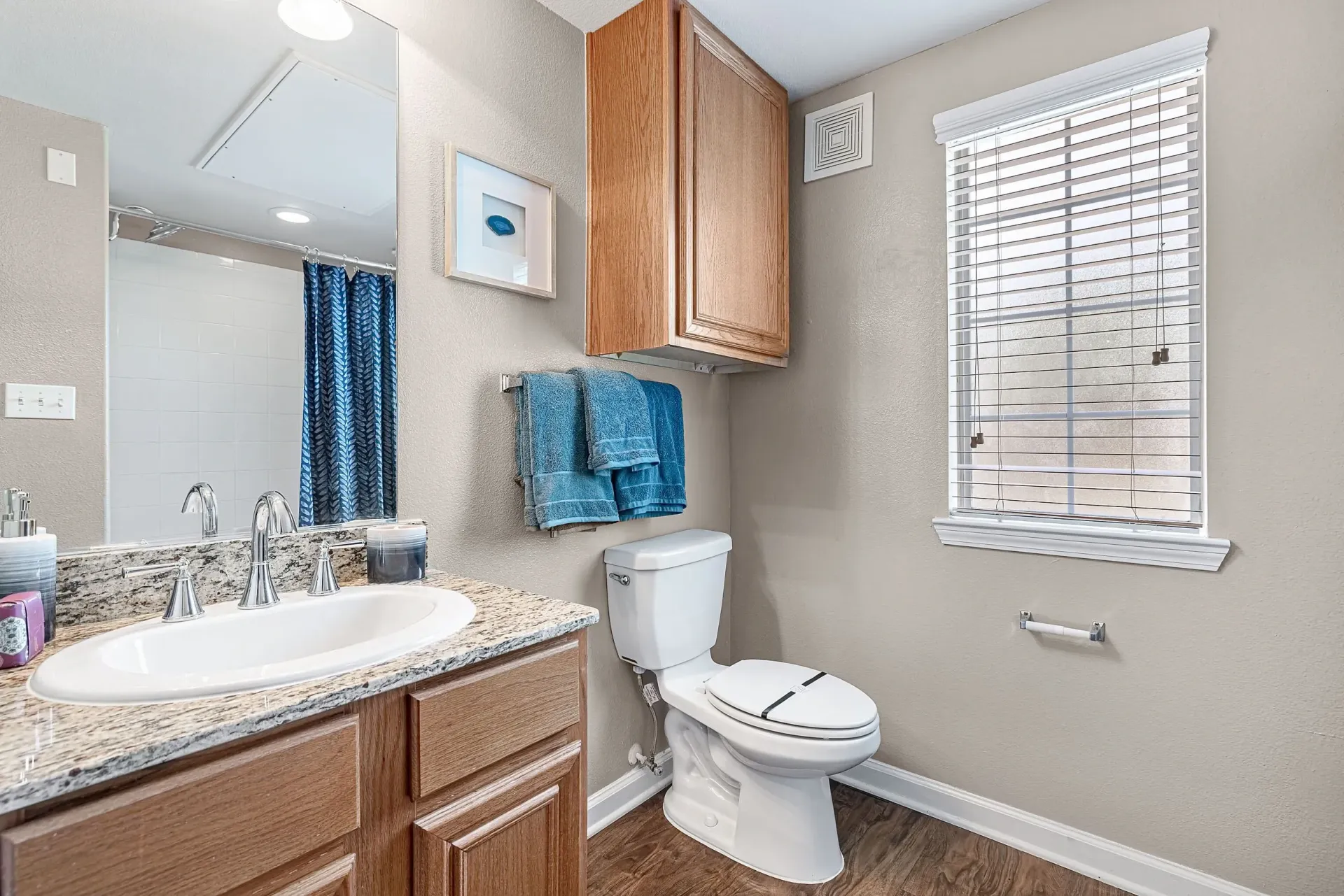 Bathroom vanity with granite countertop, white sink, and chrome faucet. Toilet and shower are visible.