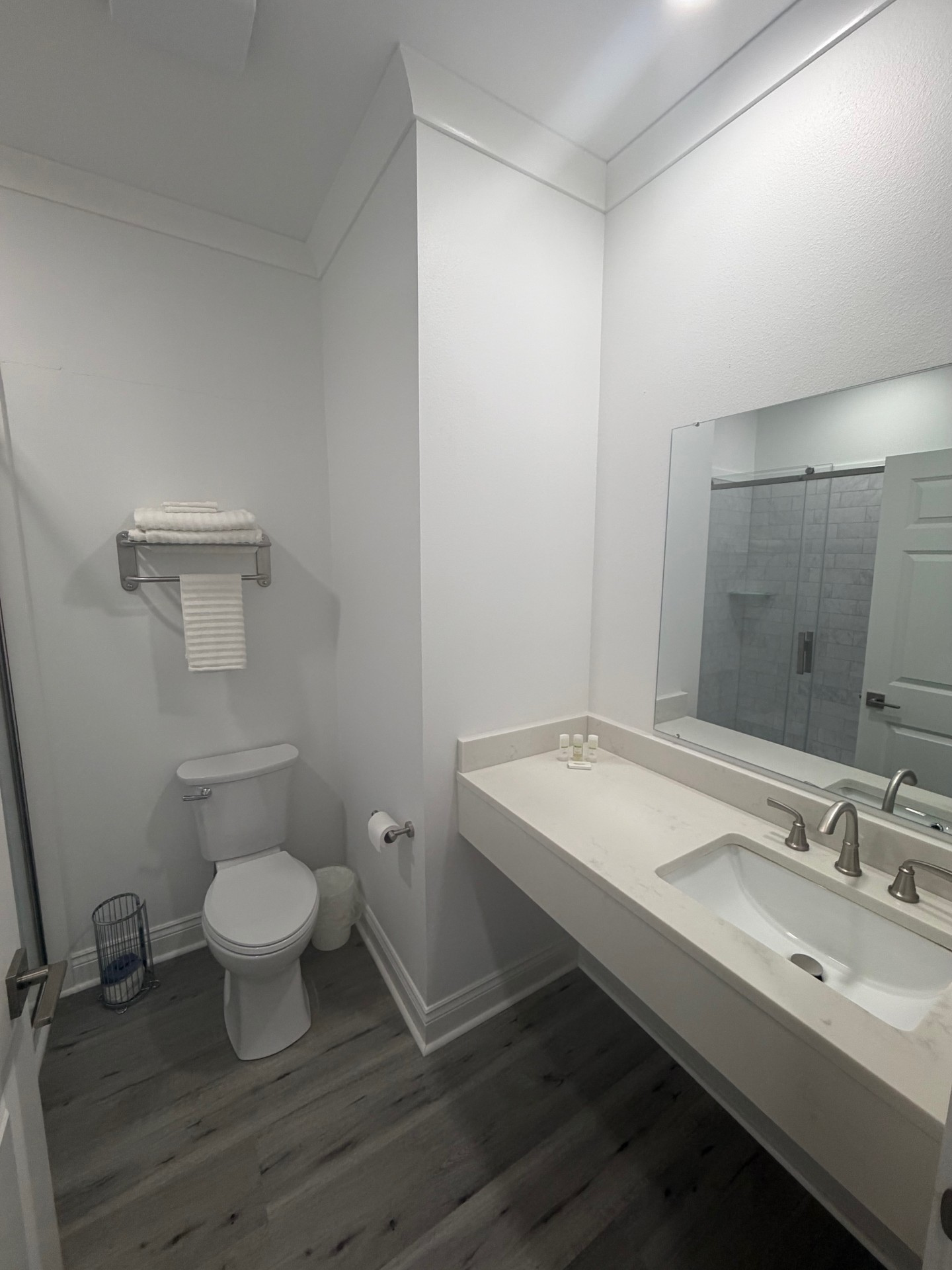 Small modern bathroom with toilet, sink vanity, mirror, and gray wood-look floor.