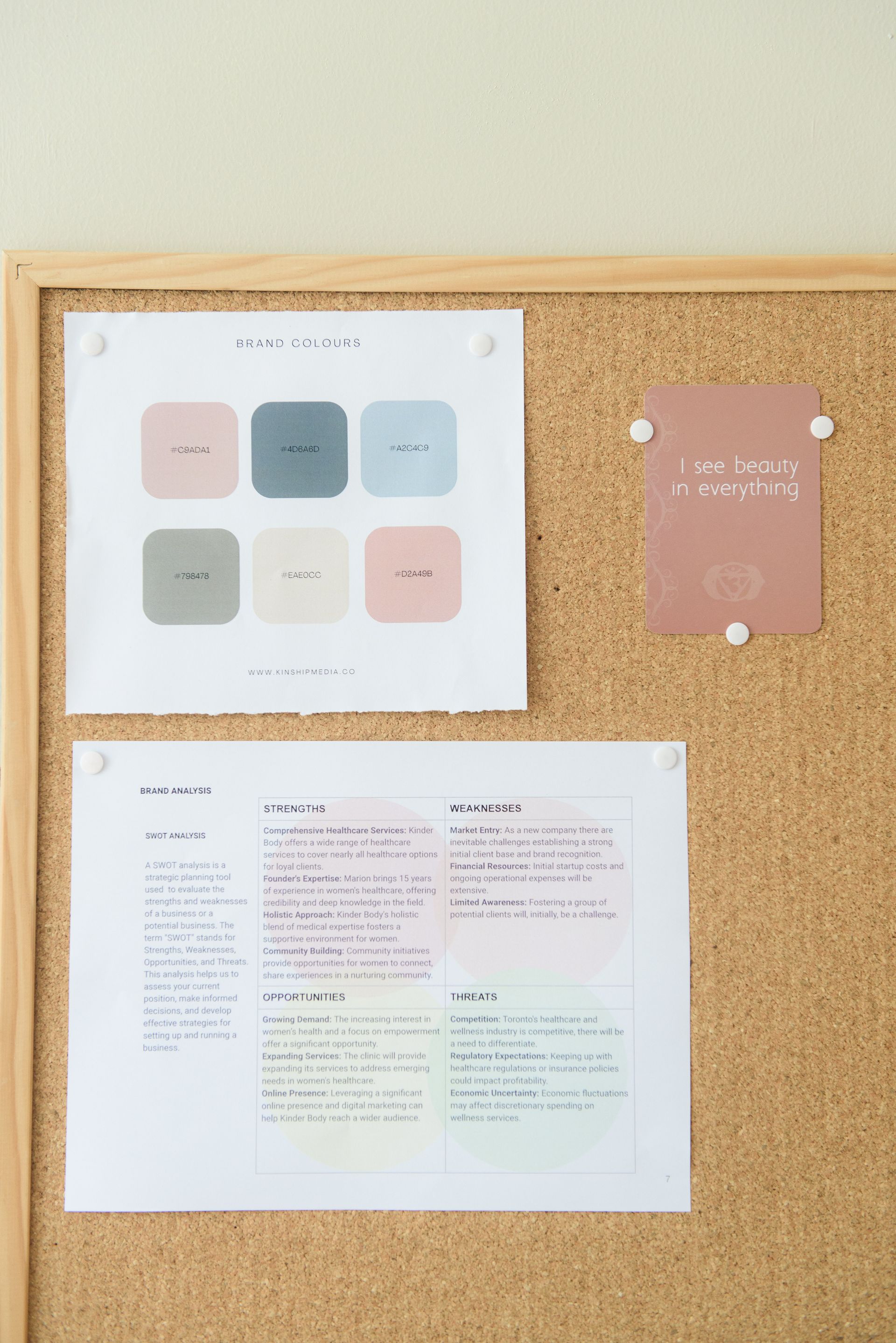 Corkboard with pastel-colored papers and notes tacked on; wooden frame against a white wall.
